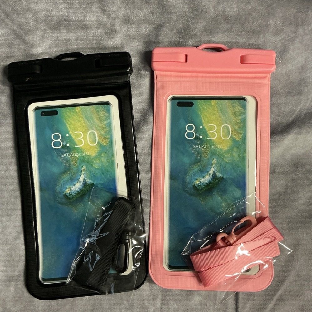 Universal Waterproof Phone Cases/Bags Set Of 2 Pink&Black With Lanyards